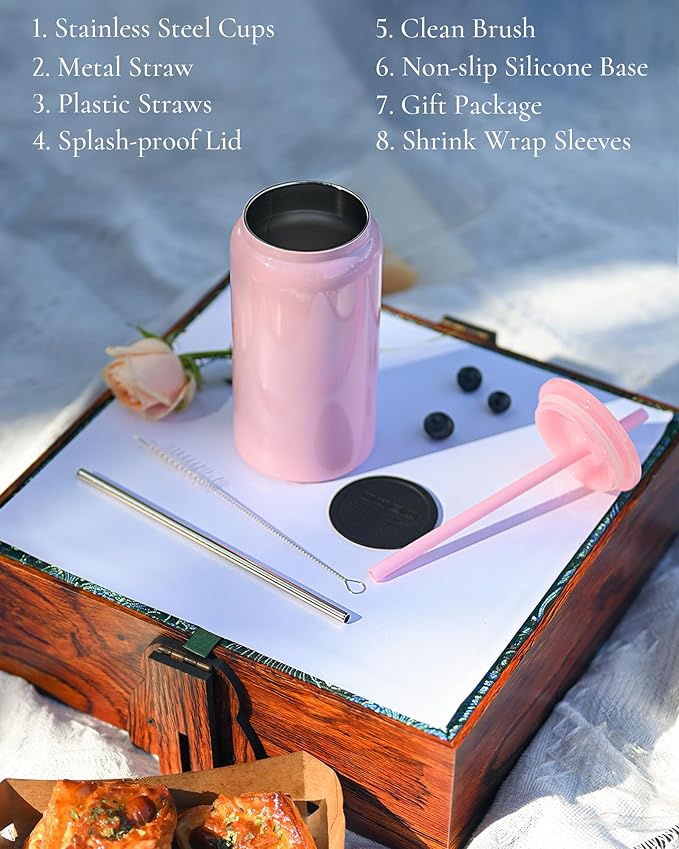Glass Cups with Lids and Straws, 16oz Stainless Steels Cups, Beer Cups, Iced Coffee Cup, Smoothie Cup, Sublimation Tumbler, Cyan (Smooth Polished Finish, Sublimatable)