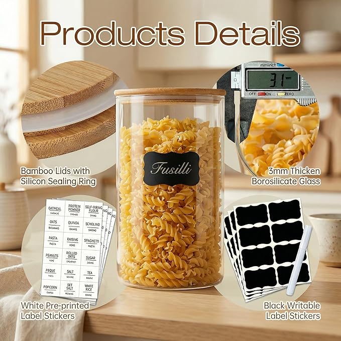 HomArtist Large Glass Flour and Sugar Containers 180oz x2 [Set of 2], Glass Food Storage Containers with Bamboo Lids, Glass Jar with Airtight Lids for Spaghetti Pasta,Rice,Cereal,Candy,Coffee, Oat