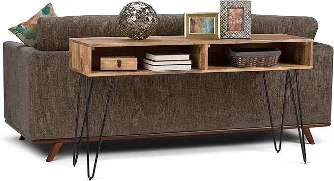 SIMPLIHOME Hunter Console Table - 55 Inch Wide Solid Mango Wood and Metal Sofa Table in Natural, Industrial Storage Table for Entryway or Living Room with 2 Open Cubbies and Black Hairpin Legs