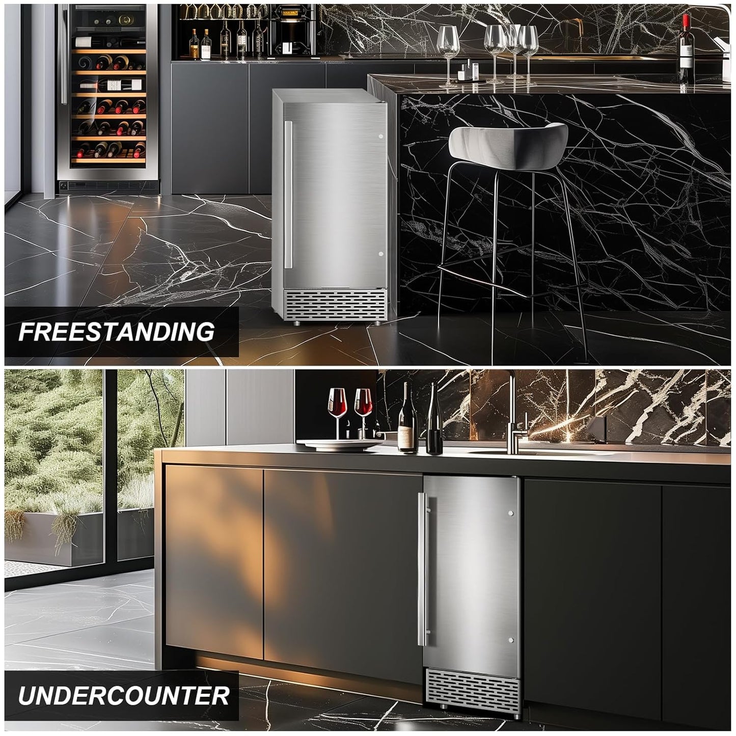 Under Counter Ice Maker Machine - 120 LBS/Day, Built in/Freestanding Placed, Auto-Cleaning,Reversible Door, Built 25LBS Ice Storage, Stainless Steel Ice Machine for Home & Commerial Outdoor Use