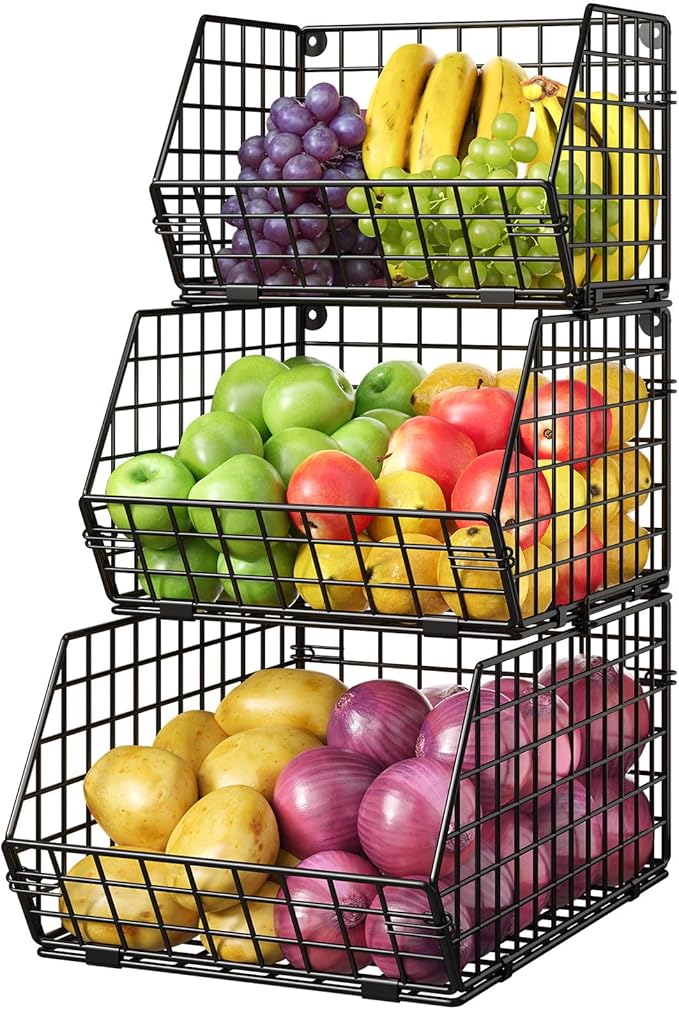 X-cosrack Stackable Wire Baskets for Counter, Fruit and Vegetable Storage, Potato and Onion Storage Bin，Kitchen Pantry Organizer - Wall Basket for Produce/Snack/Can, 3-tier Large, Black