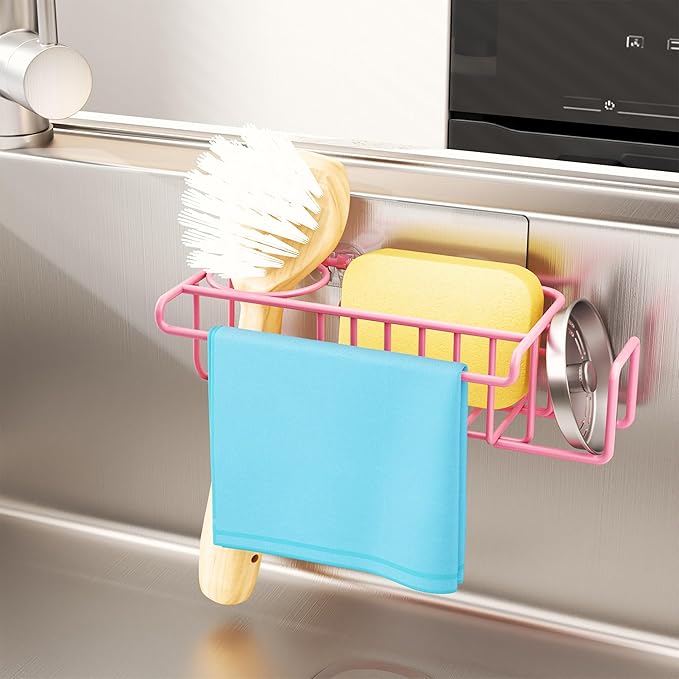 HapiRm Sink Caddy Sponge Holder - No Drill Sponge Holder for Kitchen Sink, Rustproof and Waterproof Kitchen Organizer - Pink