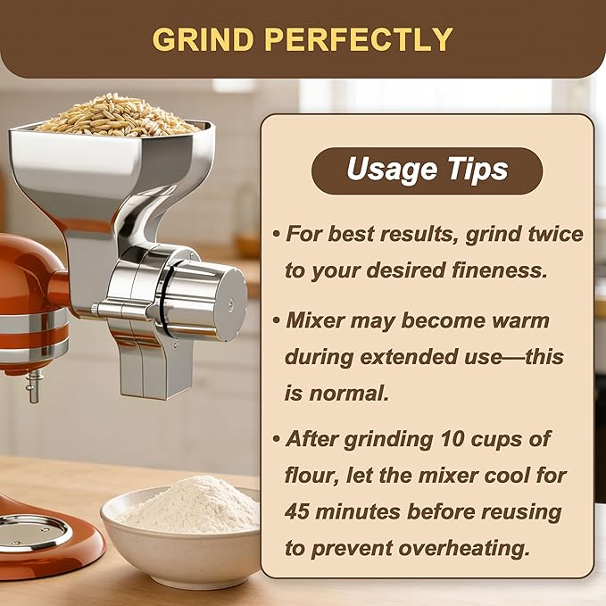 Premium All-Metal Grain Mill Attachment for KitchenAid Stand Mixers, 12-Level Adjustable Flour Mill Grinder for Wheat, Oats, Corn, Rice, Non-Oily Dry Grains - Includes Cleaning Brush