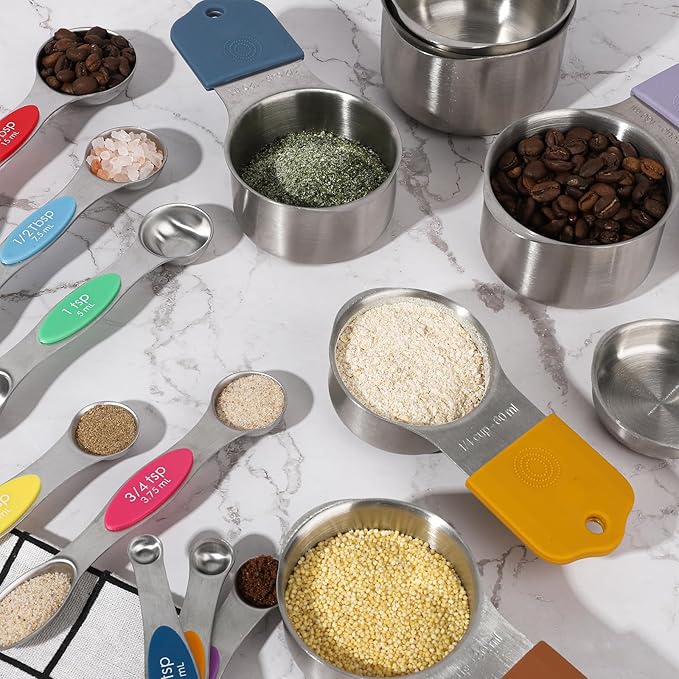Magnetic Measuring Cups and Spoons Set of 16,Stainless Steel Magnetic Measuring Cups Set 7 and Magnetic Measuring Spoons Set of 8 with Leveler for Dry Liquid Ingredients (16, Colorful)