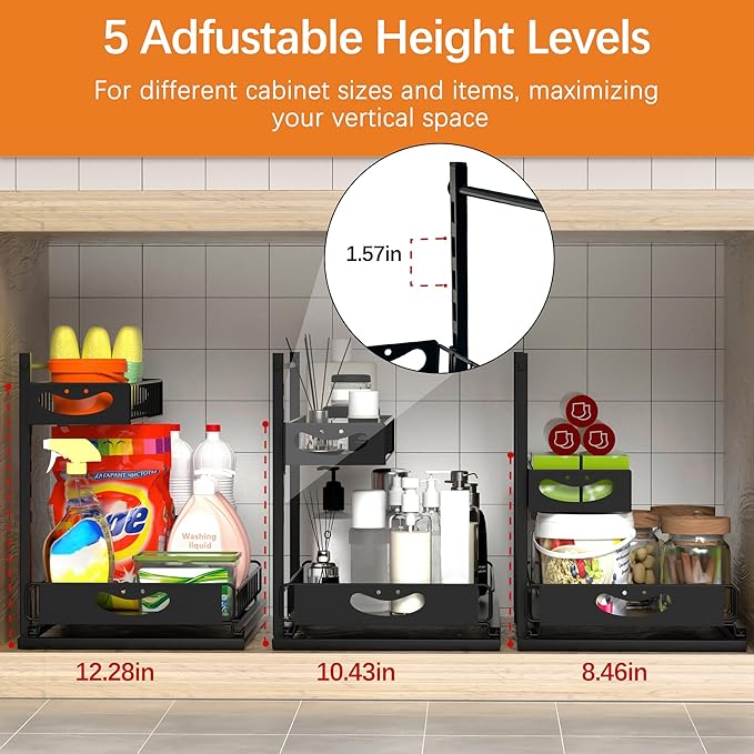 Under Sink Organizer with Pull-Out Drawers,Kitchen Sink Organizer,2 Tier Bathroom Organizers And Storage,Bathroom Accessories Set,Black 1 Pack