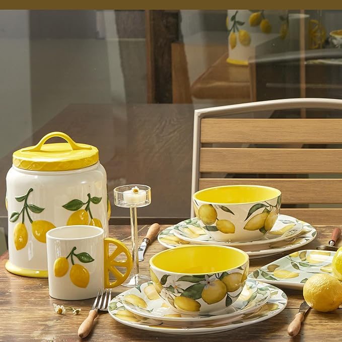 Bico Lemon Handpainted 9 inch Stoneware Cookie Jar, Dishwasher Safe, Air Tight Seal for Keeping Cookie, Spices, Coffee