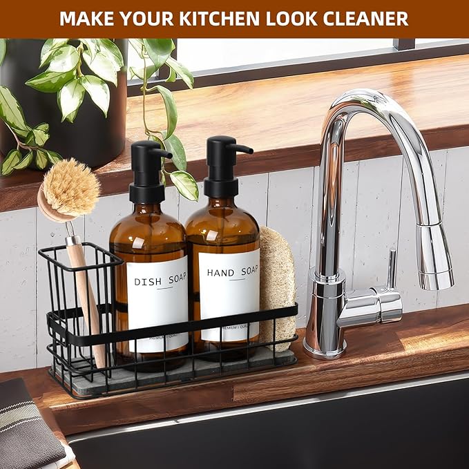 Dish Soap Dispenser for Kitchen, 16.9 fl oz Amber Hand and Dish Soap Dispensers, Kitchen Soap Dispenser Set with Sponge Holder, Brush Holder and Loofah Sponge, Countertop Sink Organizer Accessories