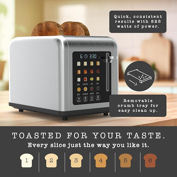 Rae Dunn 2 Slice Smart Toaster, Digital Display, Wide Slots, 8 Browning Levels, 6 Bread Types, 4 Functions (Defrost, Reheat, Cancel, Add Time), 825W Digital Stainless Steel