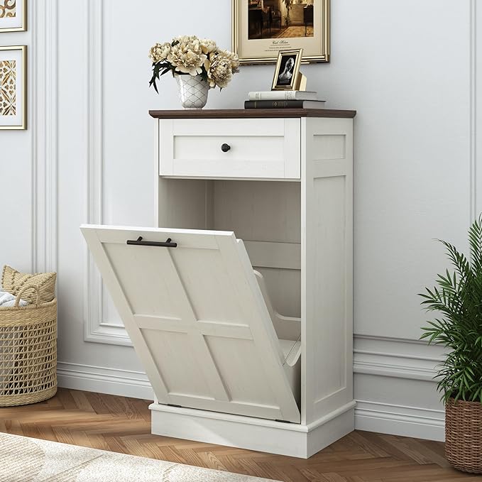 chartustriable Farmhouse Tilt-Out Trash Can Cabinet, 12.5 Gallon Laundry Hamper with Drawers, Wooden Hidden Garbage Can Cabinet w/Storage for Kitchen & Living Room, Antique White