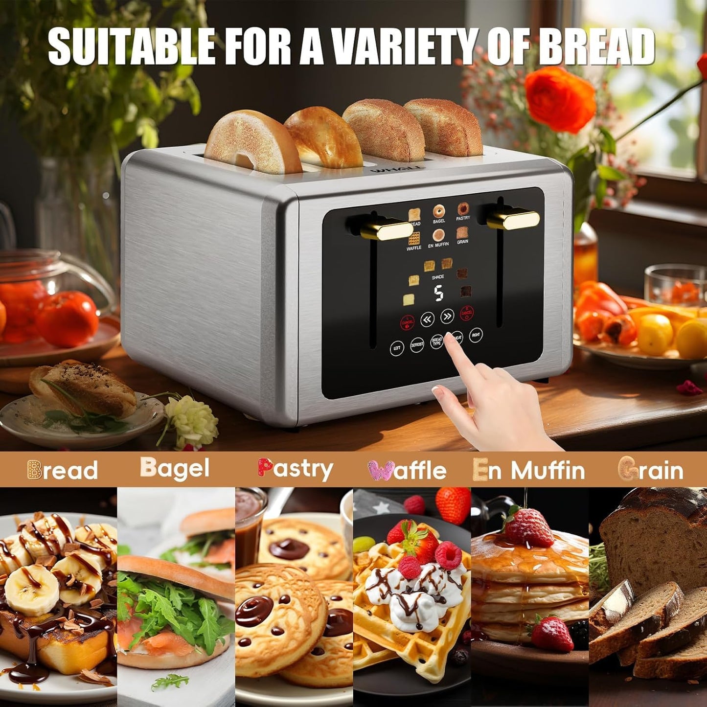 whall 4 Slice Touch Screen Toaster, Stainless Steel Toasters Digital Timer, Dual Control Panel Toasters，6 Shade Settings＆6 Bread Types, Smart Wide Slots, Bagel, Cancel, Defrost,Flat lever White