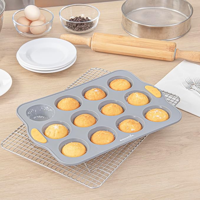 Restaurantware Silicone Baking Molds Pack of 40 Non-Stick Muffin Molds with Handles 12 Compartments, Oven-Friendly Dishwashable Freezer-Friendly Heat-Resistant Gray Silicone Cupcake Muffin Pans