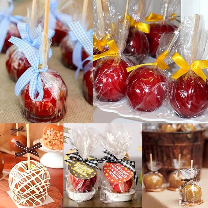 Ocmoiy DIY Candy Apple Kits - 100 Pcs Sticks and Bags With 50 Yard Gold and Silver Glitter Ribbons for Large Caramel Apple Lollipop Making Packaging Supplies