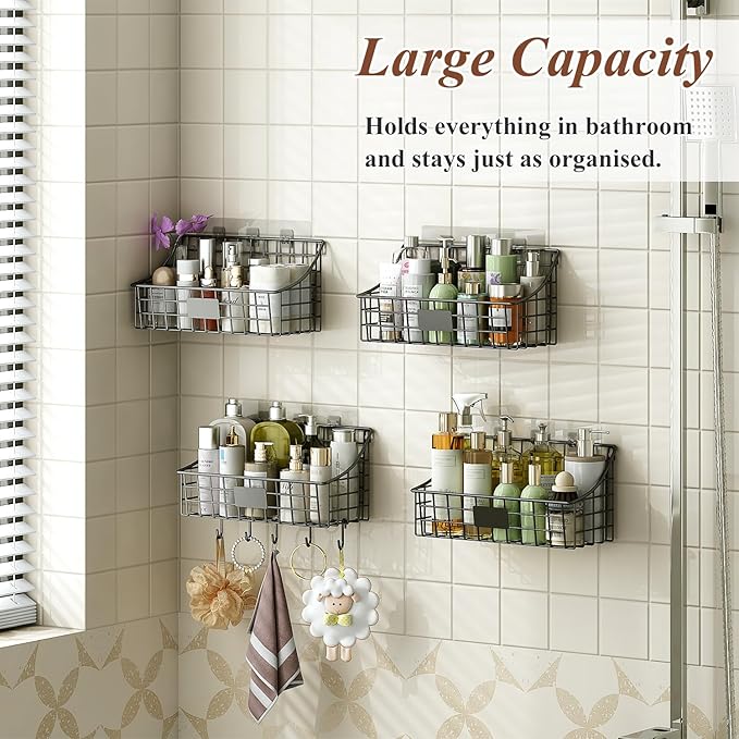 Hanging Wall Wire Basket-4Pack,Large Metal Organizer Baskets & Bathroom Shower Shelf with 4 Adhesive Hooks+5 S Hook, Wall Mounted Baskets & Shelves for Bathroom, Kitchen Storage