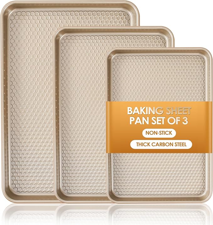 Baking Sheet Pan Set of 3, Nonstick Carbon Steel Cookie Sheets with Texture, Commercial Half/Quarter/Jelly Roll Pans Replacement Toaster Oven Tray, Heavy Duty & Easy Clean, Champagne Gold