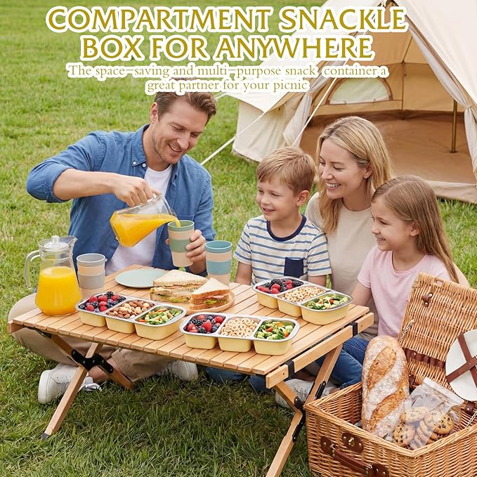 FoldTier 4 Pack Stainless Steel Snack Container for Adults 3-compartment Leak-proof Lunch Box for Work, Travel 10.6 x 4.1 x 2 Inch Stackable Reusable Metal Bento Box(Yellow)