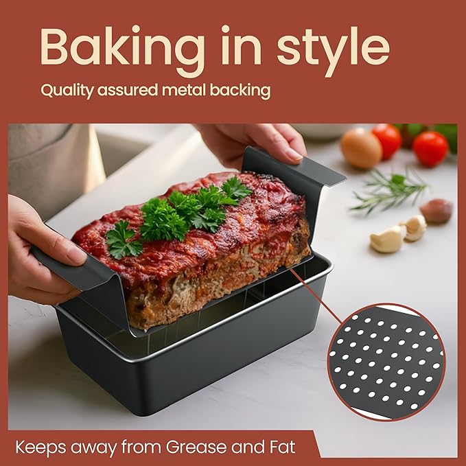 Meatloaf Pan with Drain Tray, 9.84 x 5.71" Nonstick Loaf Pan with Perforated Insert Tray, Durable Carbon Steel, PFOA, PFOS, BPA, and PTFE Free, Oven Safe to 450°F, Easy-Grip Handles, Dishwasher Safe