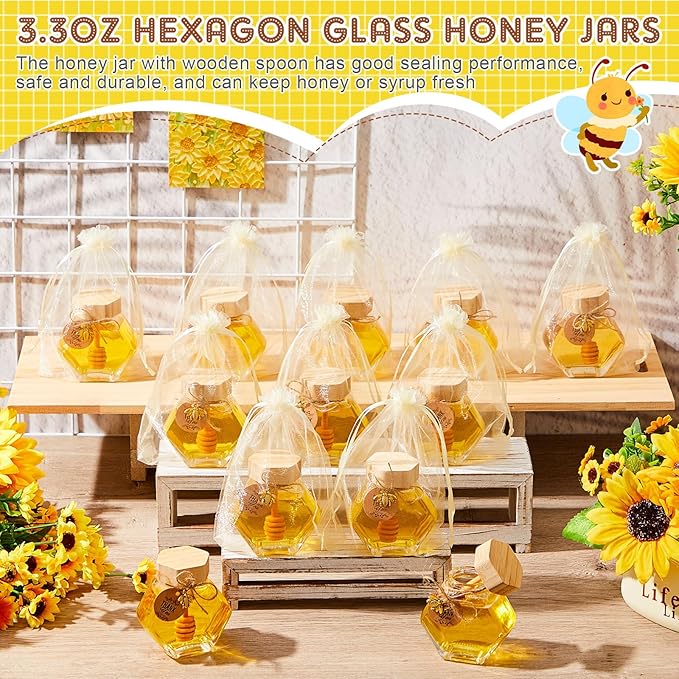 Pickmesh 24 Pcs Hexagonal Glass Honey Jars with Spoon, 3.38 oz Honey Dispenser with Wooden Spoon Bee Charm Thank You Card Organza Bag Mini glass Jars for Baby Shower Wedding Party Favor Decorations