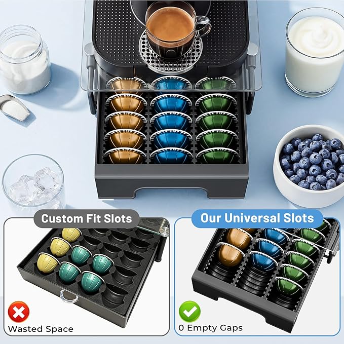 EVERIE Crystal Tempered Glass Organizer Drawer Holder Compatible with Nespresso Vertuo Capsules, Compatible with 21 Big or 30 Small Vertuoline Pods, NP01S