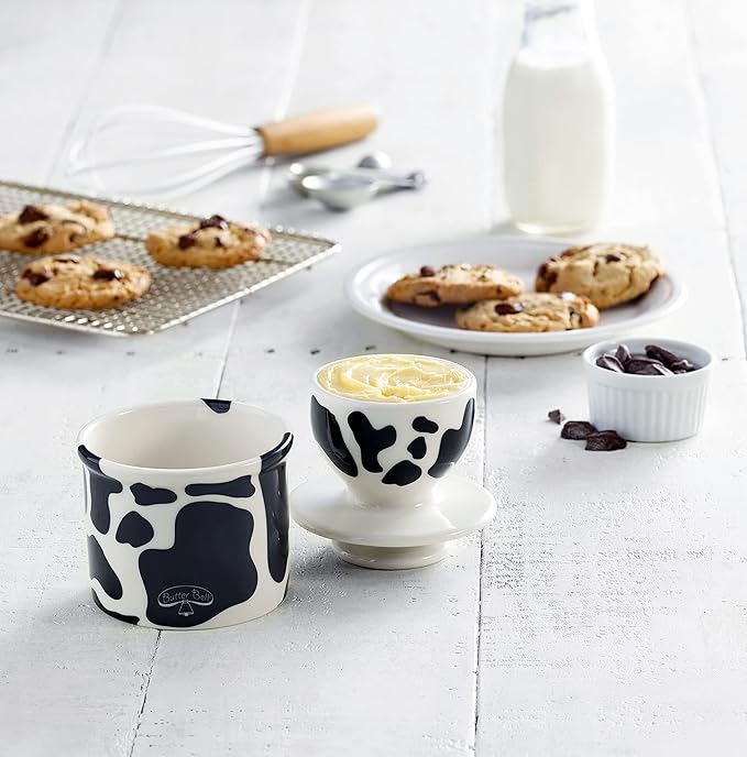 Butter Bell - The Original Butter Bell crock by L Tremain, a Countertop French Ceramic Butter Dish Keeper for Spreadable Butter, Cow Pattern, Black & White