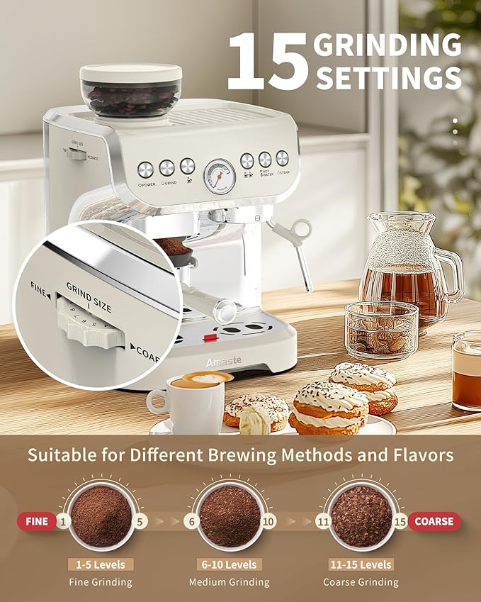 Amaste Espresso Machine with Grinder, 15 Bar Espresso Machine with Steam Wand for Latte and Cappuccino, 68Oz Water Tank, Pre-Infuse Brewing, Espresso Coffee Maker for Home Use, Barista Kit, White