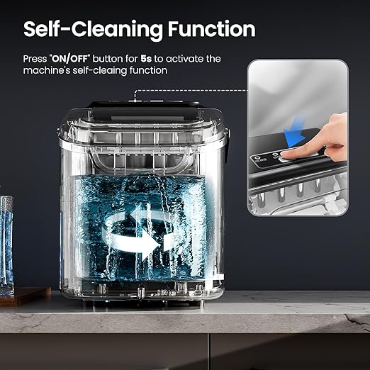 AGLUCKY Ice Makers Countertop with Self-Cleaning, 8 Cubes Ready in 6 Mins, Portable Ice Machine with 2 Sizes Bullet Ice/Ice Scoop/Basket for Home/Kitchen/Office/Bar/Party, Black