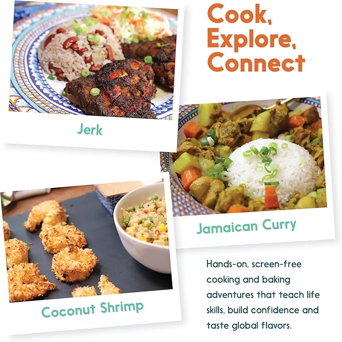 eat2explore Cooking Kits for Kids 15 Pcs – Interactive & Educational Kids Cooking Sets Real for Ages 5 and Up,3 Recipe Cards & Global Ingredients – Fun for Young Chefs (Jamaica Edition)