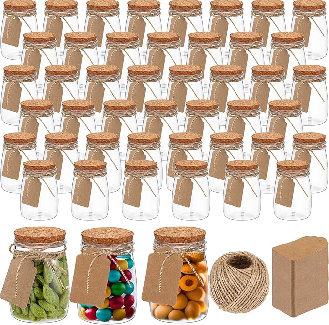 Nitial 50 Pack 5 oz Plastic Jars with Lids Bulk Yogurt Containers with Lids Gift Jars with DIY Craft Twine and Labels Gifts for Birthday Wedding Halloween Christmas Party Favor(Brown,Cork Lid)