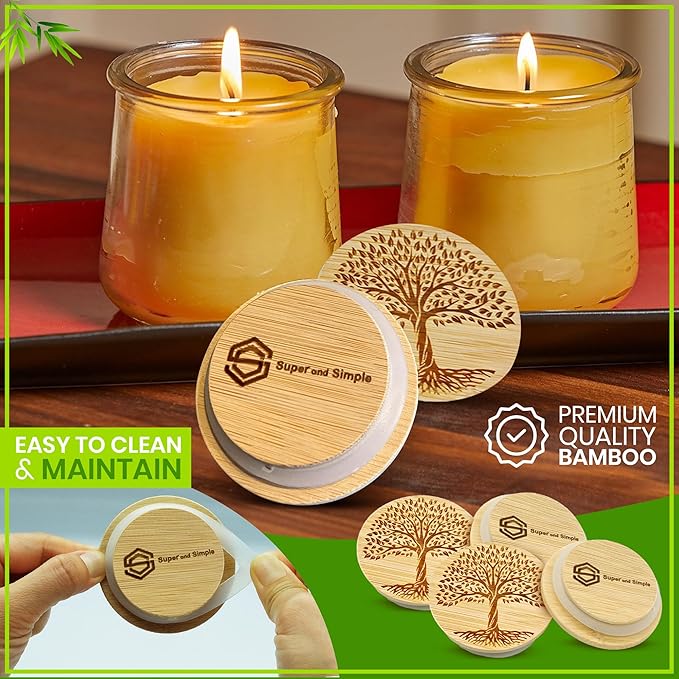 Oui Yogurt Jar Lids Bamboo Tree of Life – 24-Pack Bamboo Lids for Oui Jars with Silicone Seal – Airtight Oui Jar Covers for Yogurt Glass Jars – Labels & Cotton Storage Bag Included