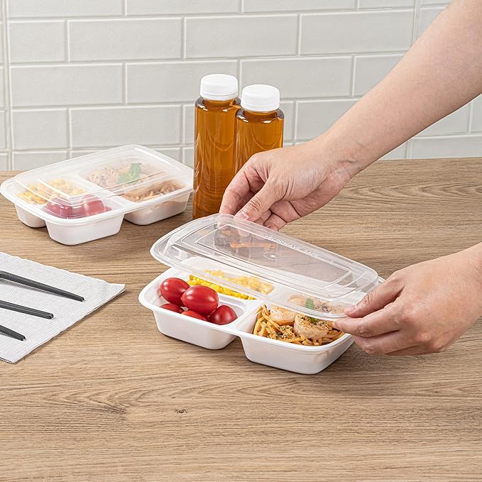 Restaurantware Asporto 26 Ounce Compartment Take Out Boxes, 100 Microwavable Meal Prep Containers - 3 Compartments, With Clear Plastic Lids, White Plastic Food Containers, Do Not Contain BPA