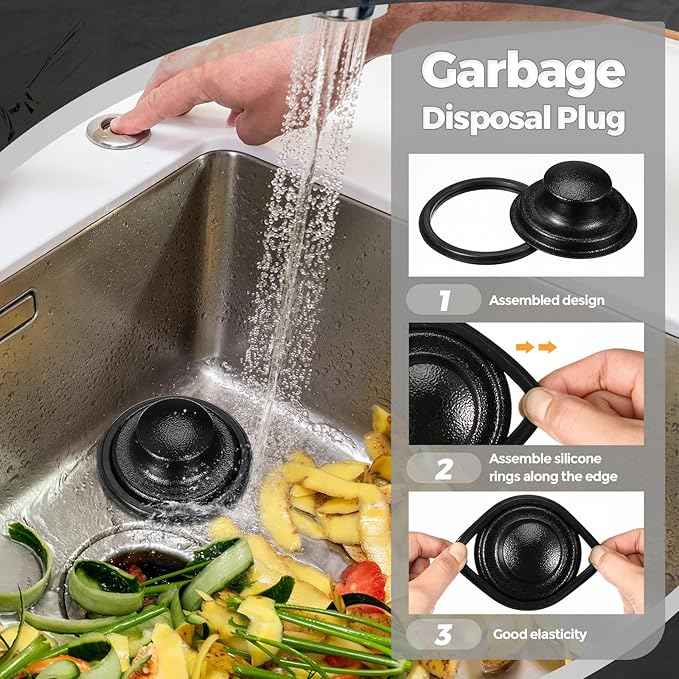 Mudder 3 Pcs Kitchen Sink Drain Strainer and Stopper Stainless Steel Garbage Disposal Plug with Handle Universal Anti-Clogging Kitchen Sink Filter Sieve Basket Strainer(Black Texture)