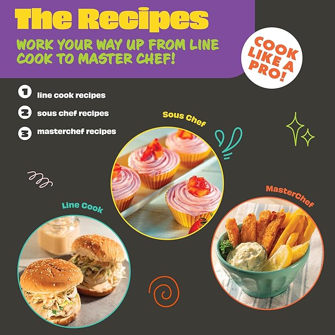 MasterChef Junior Kids Knife & Cutting Board Set- Includes Real Cutting Tools and 15 Cooking Baking Recipes- Silicone Non Slip Grip for Easy Use & Food Safe for Children- Party Activity Supplies Gift