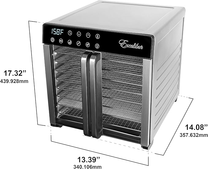 Excalibur Food Dehydrator 8-Tray for Jerky, Fruit, Vegetables, Herbs, Pet Treats, 7.2 Cu Ft Drying Space with Adjustable Temperature Control and 80 hour digital timer, 8-Tray, Stainless Steel