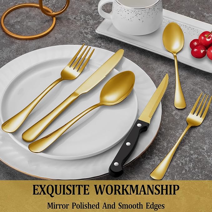 48 Pcs Gold Silverware Set with Steak Knives, Stainless Steel Flatware Cutlery Set Service for 8, Kitchen Tableware Sets, Utensil Sets for Home and Restaurant, Knives Forks Spoon, Dishwasher Safe