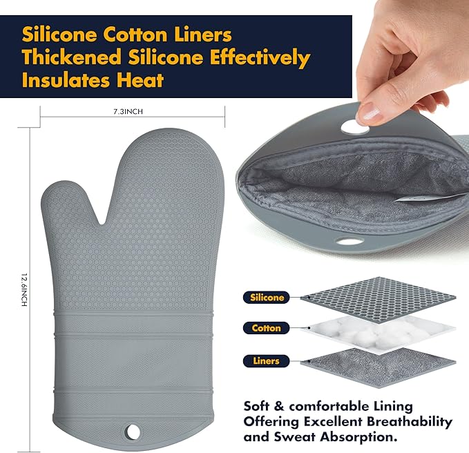 6 Pack Oven Mitts and Pot Holders Sets,Silicone Oven Mitts &Hot Pads,Long Cooking Gloves,Kitchen Trivet Mats,Kitchen Home Essentials,12.9" Mitts 7" Trivets (1*Pair Grey Oven Mitts+4*Trivet)