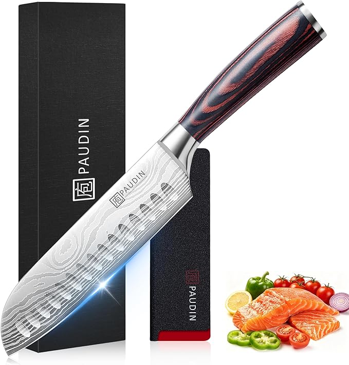 PAUDIN Santoku Knife, 7 Inch Kitchen Knife, Ultra Sharp Edge - Forged High Carbon German Stainless Steel, Professional Chef Knife with Ergonomic Handle, Gifts for Men and Women