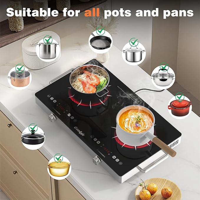 2 Burner Electric Cooktop - 24 Inch(22.2"x 13.1") Portable Electric Stove Top 110V, 2000W Countertop Two Burner Stove, Child Lock, Timer, Touch and Knob Control, 110V Plug in