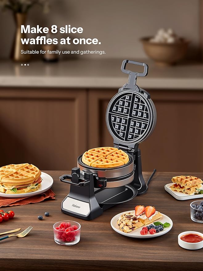Belgian Waffle Maker, Classic Rotating Waffle Iron with Nonstick Plates, Removable Drip Tray and Cool Touch Handles, Double Flip Waffle, Rotating Belgium Waflera Maker by Yabano, Brushed Stainless