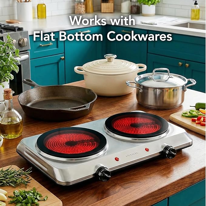 OVENTE Countertop Infrared Double Burner, 1500W Electric Hot Plate and Portable Stove with 7.5” Ceramic Glass Cooktop, 6 Level Temperature Setting and Easy to Clean Base, Silver BGI202S