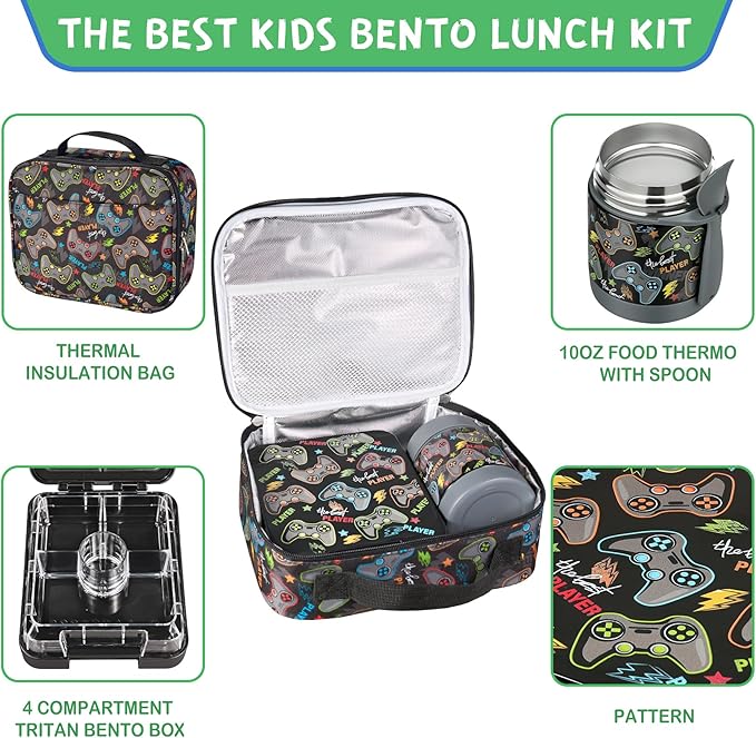 Pawtong Bento Lunch Box Set With 10oz Soup Thermo, Leak-proof Lunch Containers with 4 Compartment, Kids Hot Thermo Food Jar/Insulation Lunch Bag, Food Containers for School (Black-Games)