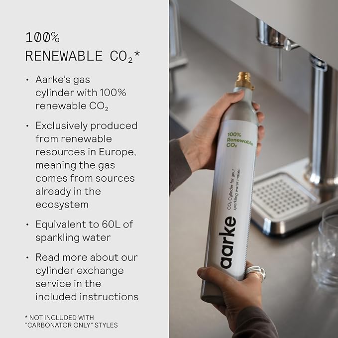 Aarke Carbonator lll with CO2 Cylinder, Sparkling & Carbonation Water Machine, Stainless Steel with PET BPA-Free Reusable Bottle Volume 1L/34 fl oz (Matte Grey)