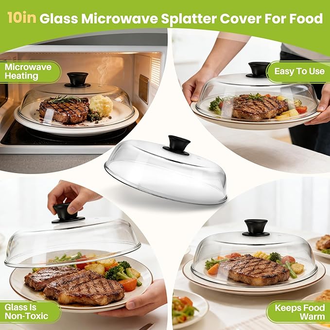 10in Glass Microwave Splatter Cover Microwave Safe Glass Lid Cover with Ceramic Screw, Heat Resistant Tempered Glass Splatter Guard, Vented Universal Microwave Plate Cover, Dishwasher Safe