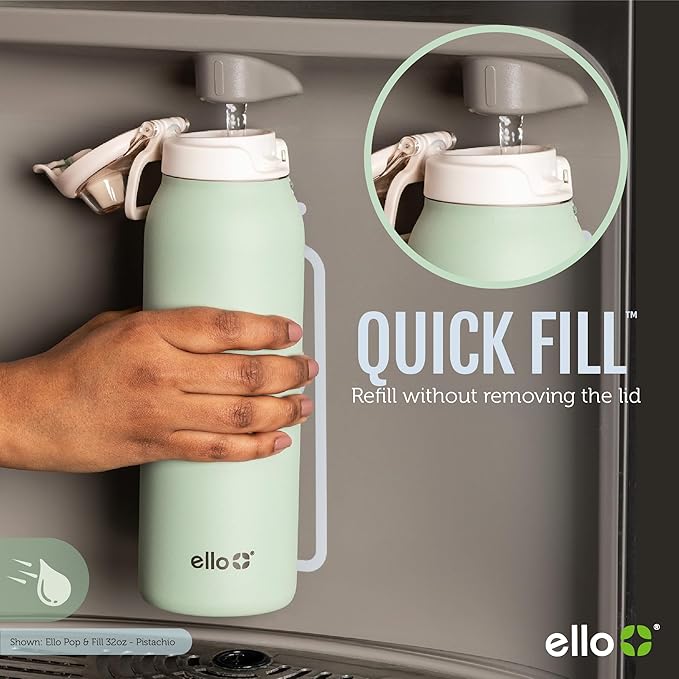 Ello Pop & Fill 32oz Stainless Steel Water Bottle with Quick Fill Technology, Double Walled and Vacuum Insulated Metal, Leak Proof Locking Lid, Sip and Chug, Reusable, BPA Free, Gloss Daisies