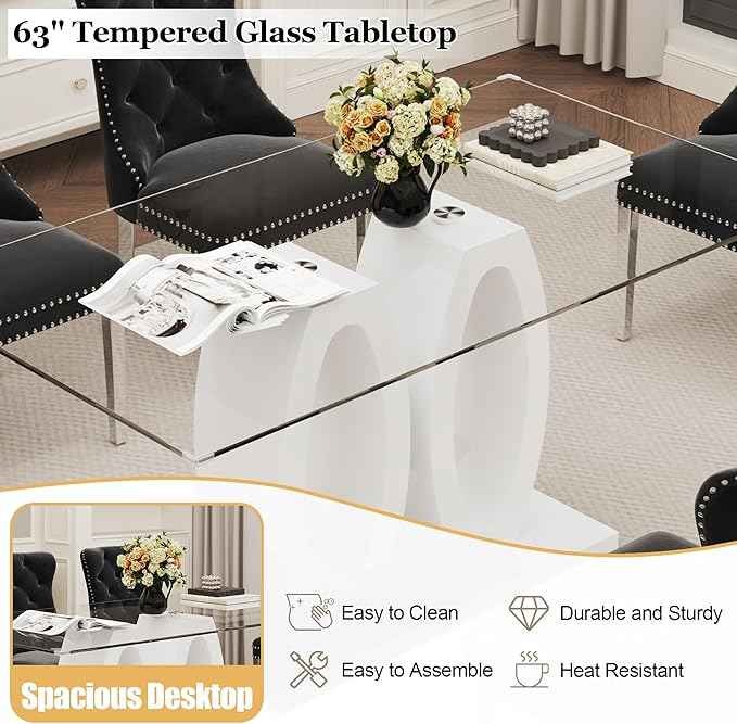 63" Glass Dining Table Set for 6, 7-Piece Rectangular Kitchen Table with Tempered Glass Top, White Double O-Shaped MDF Base, and 6 Black Velvet Upholstered Chairs for Dining Room, Living Room, Office
