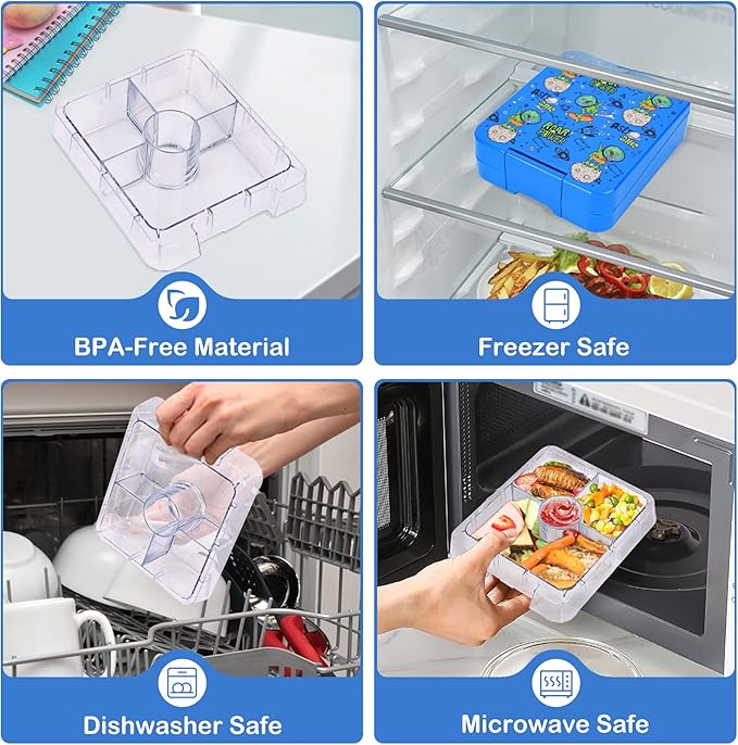 Pawtong Bento Lunch Box Set With 10oz Soup Thermo, Leak-proof Lunch Containers with 4 Compartment, Kids Hot Thermo Food Jar/Insulation Lunch Bag, Food Containers for School（Dinosaur）