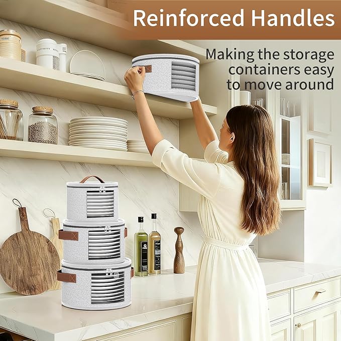 4 Piece China Storage Containers, Dish Storage Containers with Clear Windows, Hard Shell Plate Organizer with Handles, Stackable Stemware Storage Cases, Moving Boxes for Dishes, Plates, Light Gray