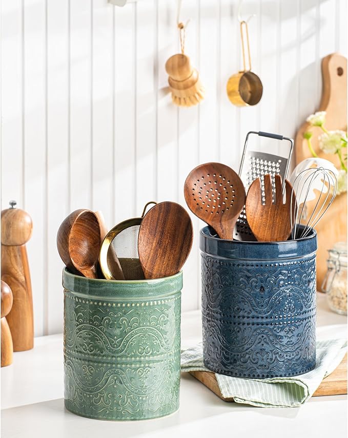 Kitchen Utensil Holder, 7 Inches Large Ceramic Utensil Holder for Countertop, Lace Emboss Cooking Utensil Crocks for Kitchen, Home Decor, Reactive Blue