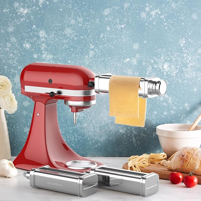 Pasta Maker Attachment for KitchenAid Stand Mixers, Stainless Steel for Kitchen aid Pasta Attachment Includes Pasta Sheet Roller, Spaghetti & Fettuccine, Dough Scraper Pasta Attachment by InnoMoon