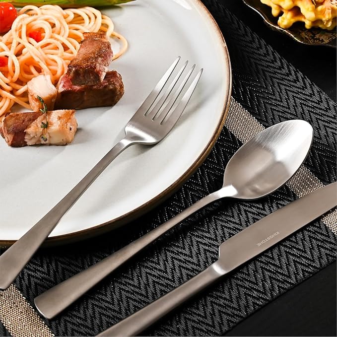 KINGSTONE Silverware Set for 12, 60-Piece 18/10 Stainless Steel Flatware Set, Forged Cutlery Set Matte Satin Finish for Home, Restaurant, Wedding, Party,Gift, Dishwasher Safe