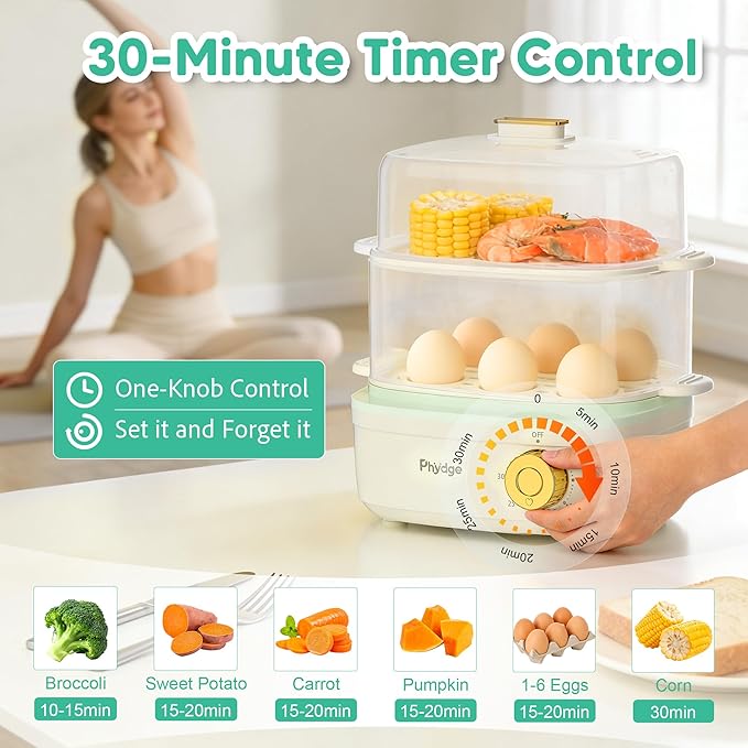 Electric Food Steamer for Cooking, 2-Tier Rapid Egg Cooker, Stackable Steam Cooker for Baby Food, Meal Prep, Quick Healthy Cooking for Vegetables, BPA-Free, 30-Min Timer, 3 Containers&1 Spoon Included