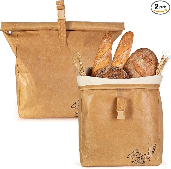 Marscamd Large Reusable Bread Bags for Homemade Bread with Zipper, 2 Pack Sourdough Bread Bags with Handle, Bread Storage Bags for Freezer, Refrigerator, Brown